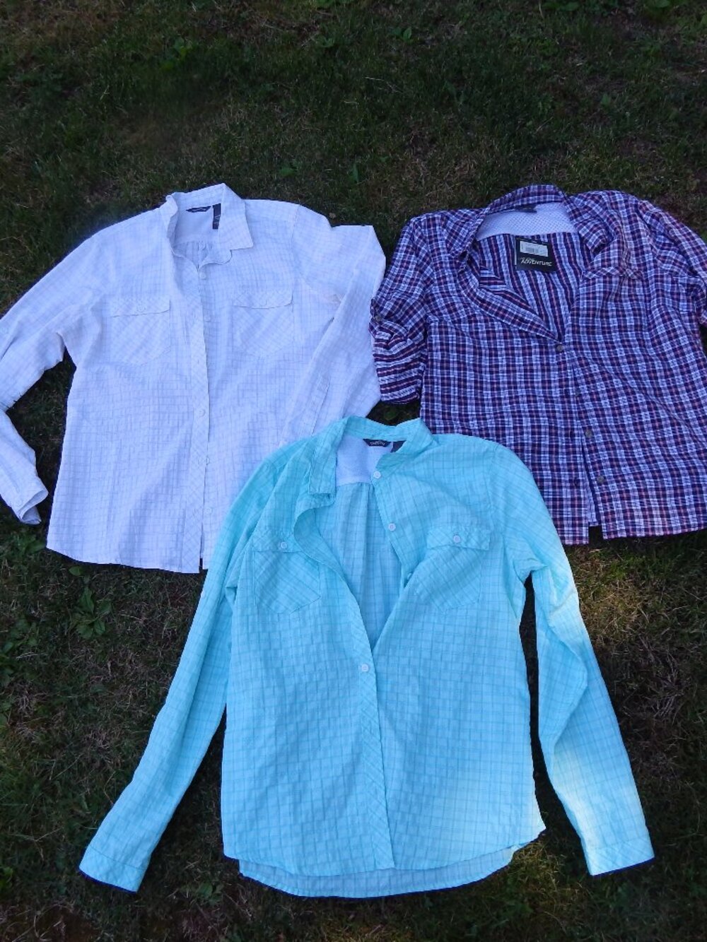Eddie Bauer Button-Down Tops in White, Aqua and Purple Plaid